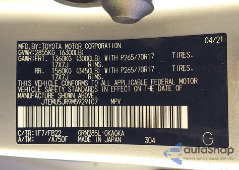 2021 Toyota 4Runner Sr5 z USA, uszkodzony, nr VIN JTEMU5JR9M5929107